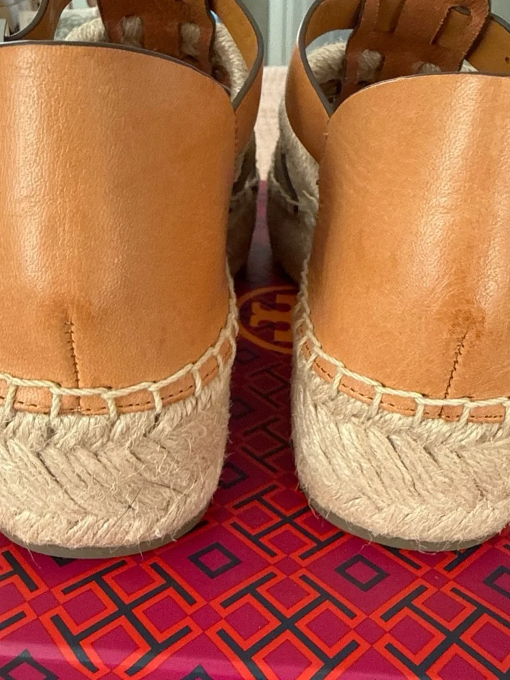 Tory Burch Brandy Leather with Silver Metallic Trim Platform Espadrille